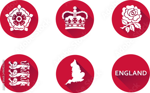 England Flat Icon Set.
Set of vector graphic flat icons representing symbols and landmarks of England.