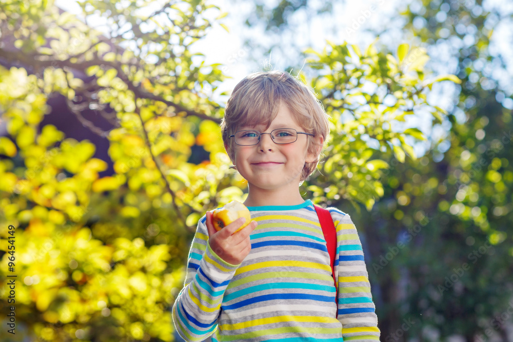 Little kid boy with apple on way to school Little kid boy with apple on way to school