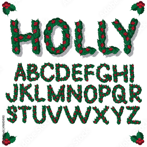 Christmas holly font alphabet. EPS 10 vector royalty free illustration.