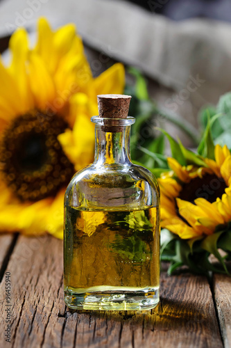 Sunflower oil in glass bottle. 