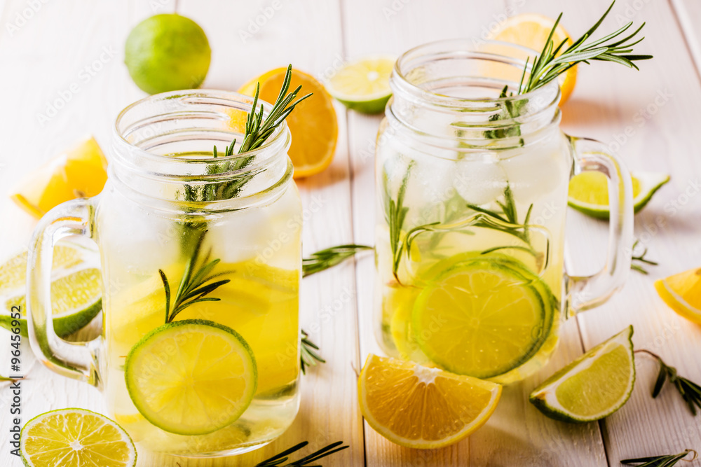 Fototapeta premium Homemade lemonade with lime, lemon, rosemary.