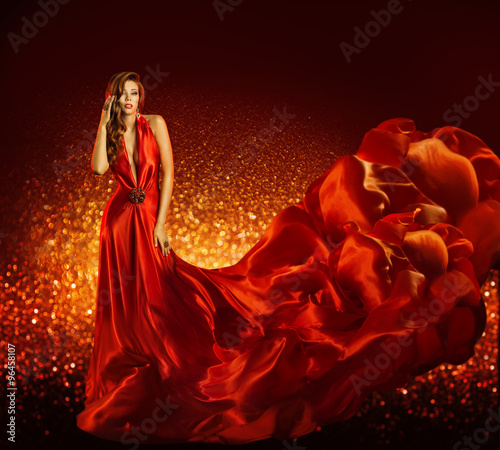 Fashion Woman in Red Dress, Beauty Model Gown Flying Silk Fabric