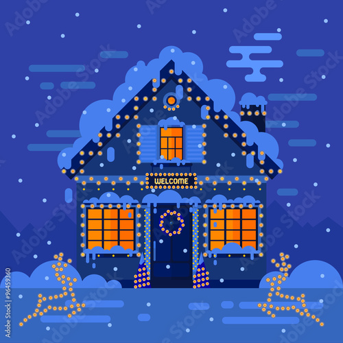 Winter night house and landscapes. Stock flat vector illustration