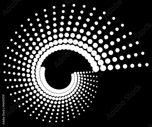 Dotted volute, spiral on black. Vector art.