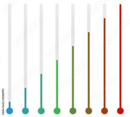Oblong thermometers on white with rising level.
