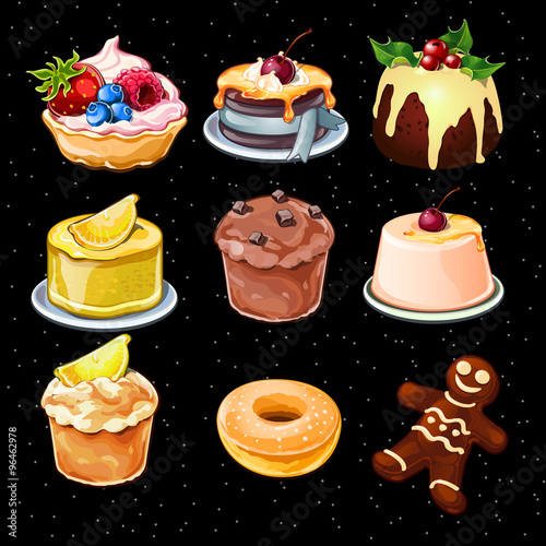 Set of 9 desserts icons on a black background