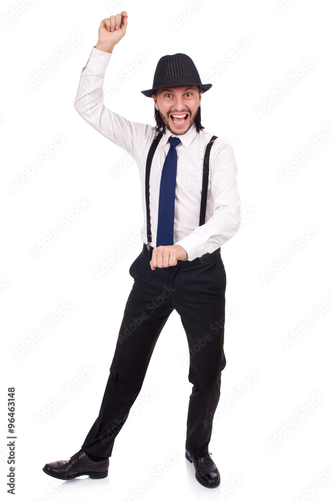 Man wearing hat and suspenders isolated on white Man wearing hat and suspenders isolated on white