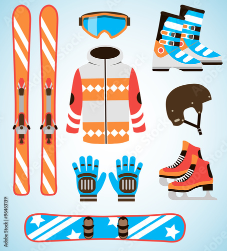 Vector set of Ski and Snowboard equipment icons. Winter sports  isolated elements in flat design style