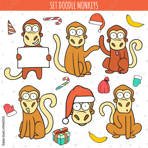 Year of red monkey. Doodle set monkeys. Chinese horoscope