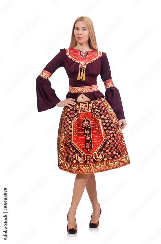 Woman in dress with oriental prints isolated on white Woman in dress with oriental prints isolated on white