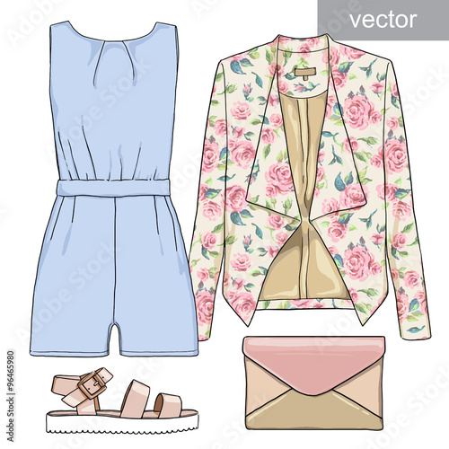 Lady fashion set of outfit. Stylish and trendy clothing