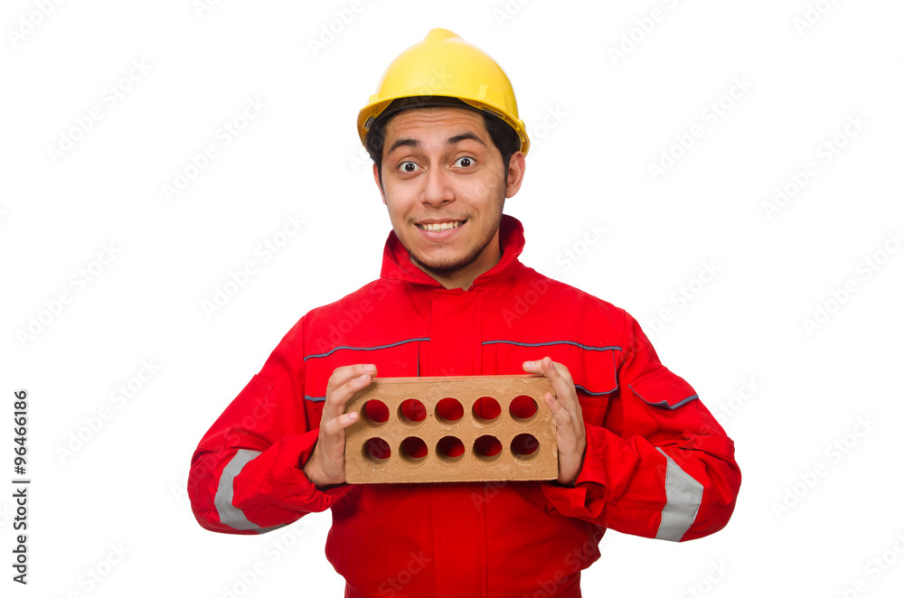 Construction worker with clay bricks on white Construction worker with clay bricks on white