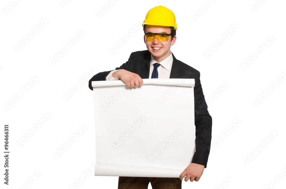 Funny architect with drawings on white Funny architect with drawings on white