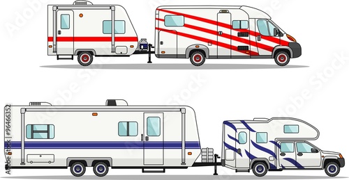 Set of car and travel trailers on a white background in flat style. Vector illustration