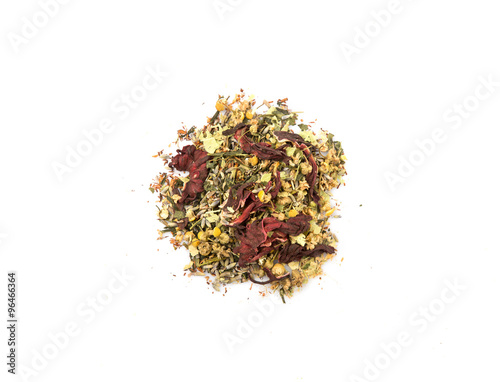 Dried herbal tea leaves, lavender, rooibos, chamomile, linden flower, hibiscus, Japanese green tea over white background photo