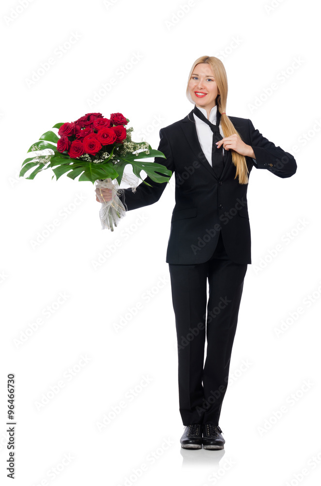 Woman with bunch of roses isolated on white Woman with bunch of roses isolated on white