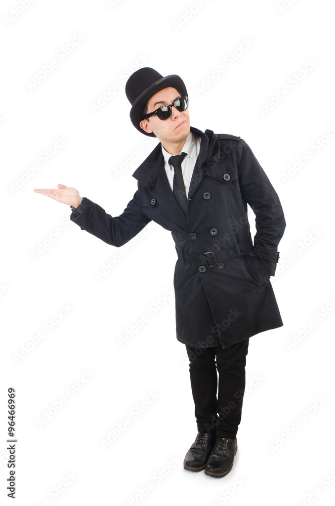 Young detective in black coat isolated on white Young detective in black coat isolated on white