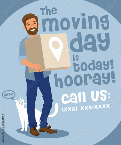 hipster with a cat holding a cardboard box moving day
