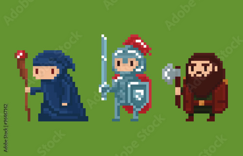 Pixel art style illustration wizard, knight and dwarf