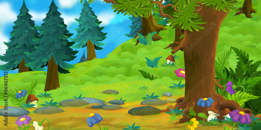 Naklejka premium Cartoon background of a forest with a patch - illustration for children