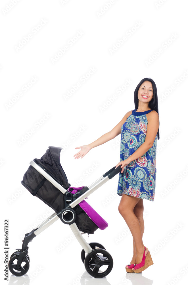 Happy mom with her baby in pram Happy mom with her baby in pram