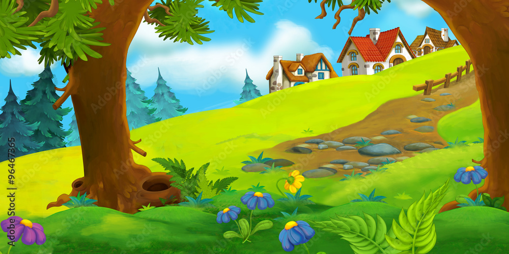 Cartoon scene of old village - farm - illustration for children Stock ...