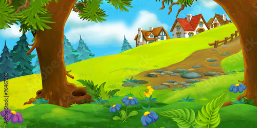 Fototapeta Naklejka Na Ścianę i Meble -  Cartoon scene of old village - farm - illustration for children