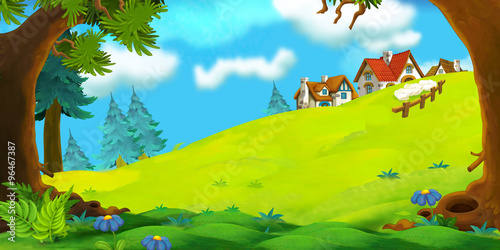 Cartoon happy and funny nature scene in tha mountais - houses on the hill - illustration for children