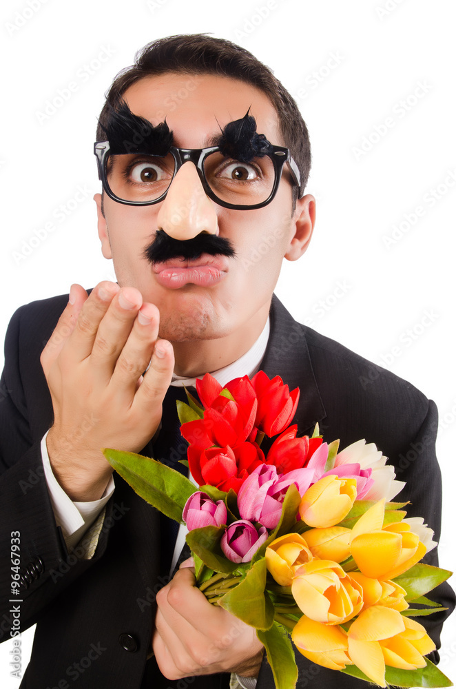 Funny man with flowers isolated on white Funny man with flowers isolated on white