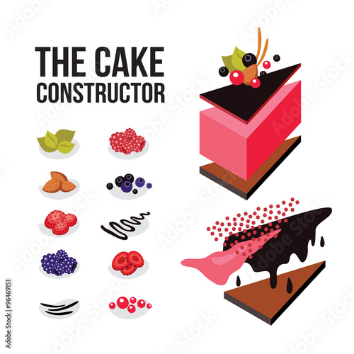 Cake constructor Sweet dessert recipe Modern isometric flat design style