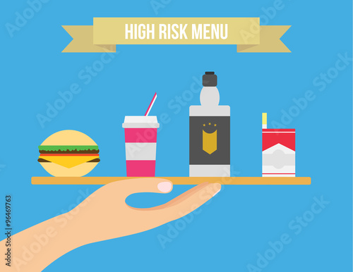 Unhealthy lifestyle vector illustration. Cigarettes, alcohol and junk food flat illustration.