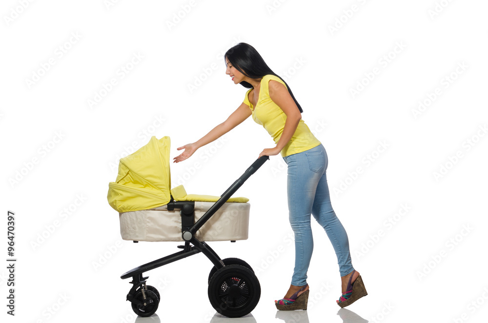 Woman with baby and pram isolated on white