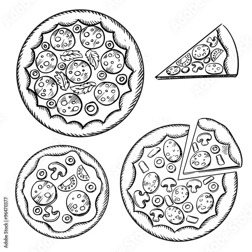 Italian pizza sketches with different topping
