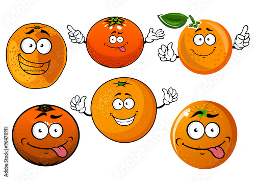 Cartoon ripe juicy orange fruits characters