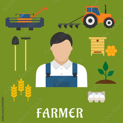 Farmer profession and agriculture flat icons