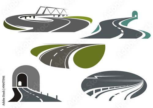Highway, roads, tunnels and bridge icons