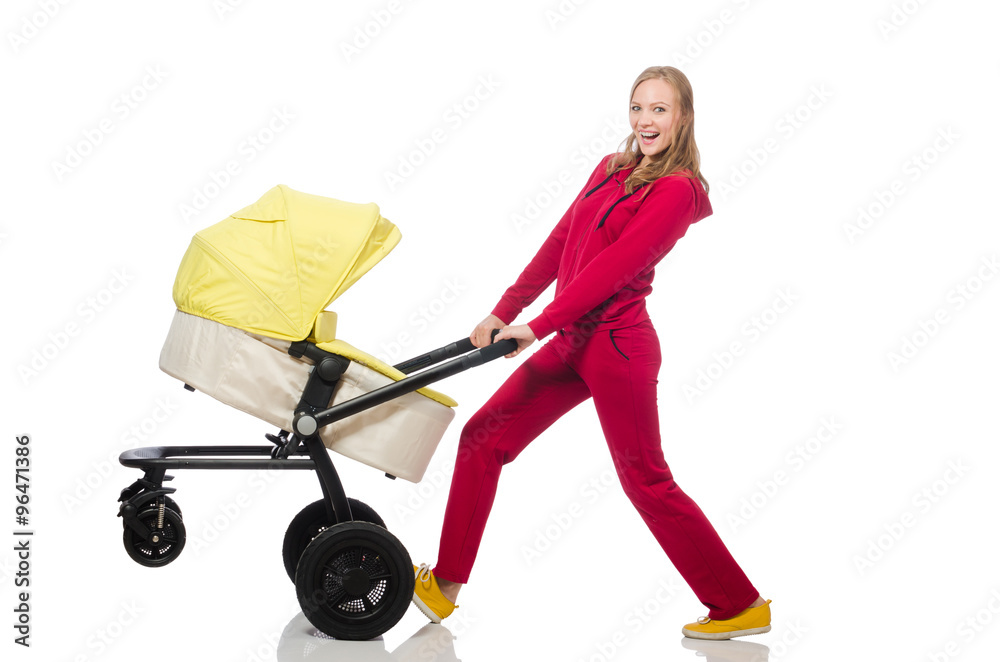 Woman with pram isolated on white Woman with pram isolated on white
