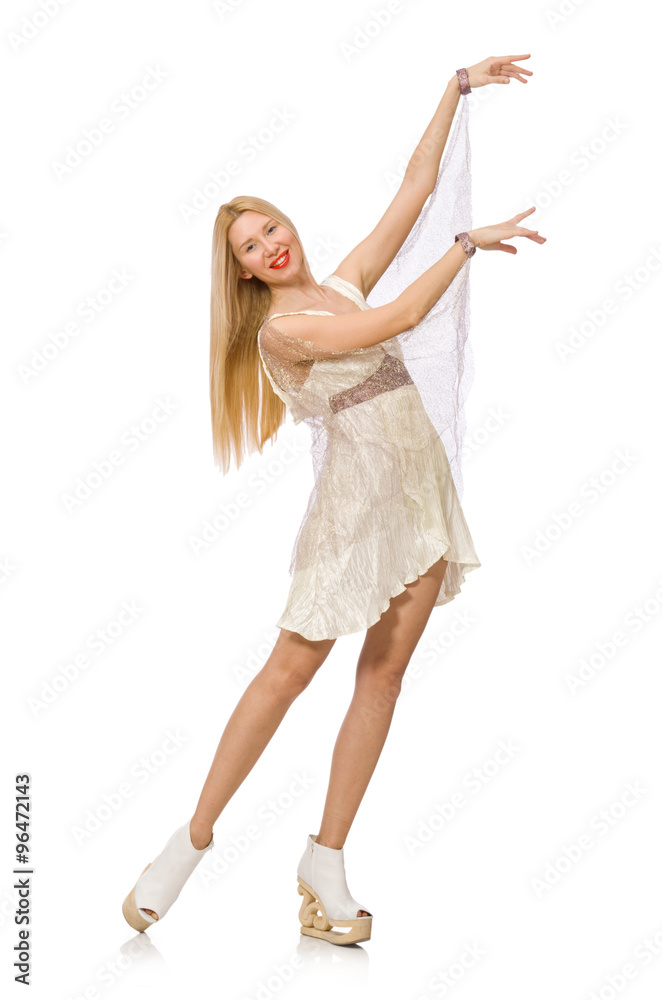 Woman wearing white dress isolated on white Woman wearing white dress isolated on white