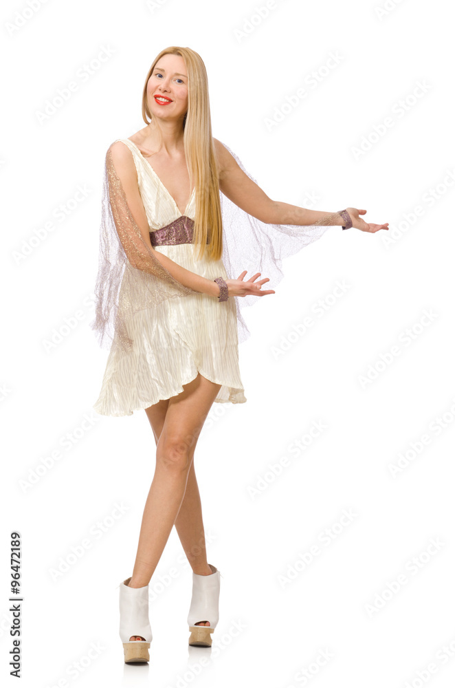 Woman wearing white dress isolated on white Woman wearing white dress isolated on white