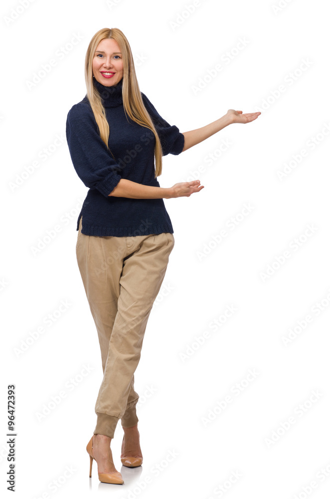 Tall woman in blue pullover isolated on white