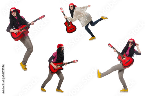 Hipste guitar player isolated on white