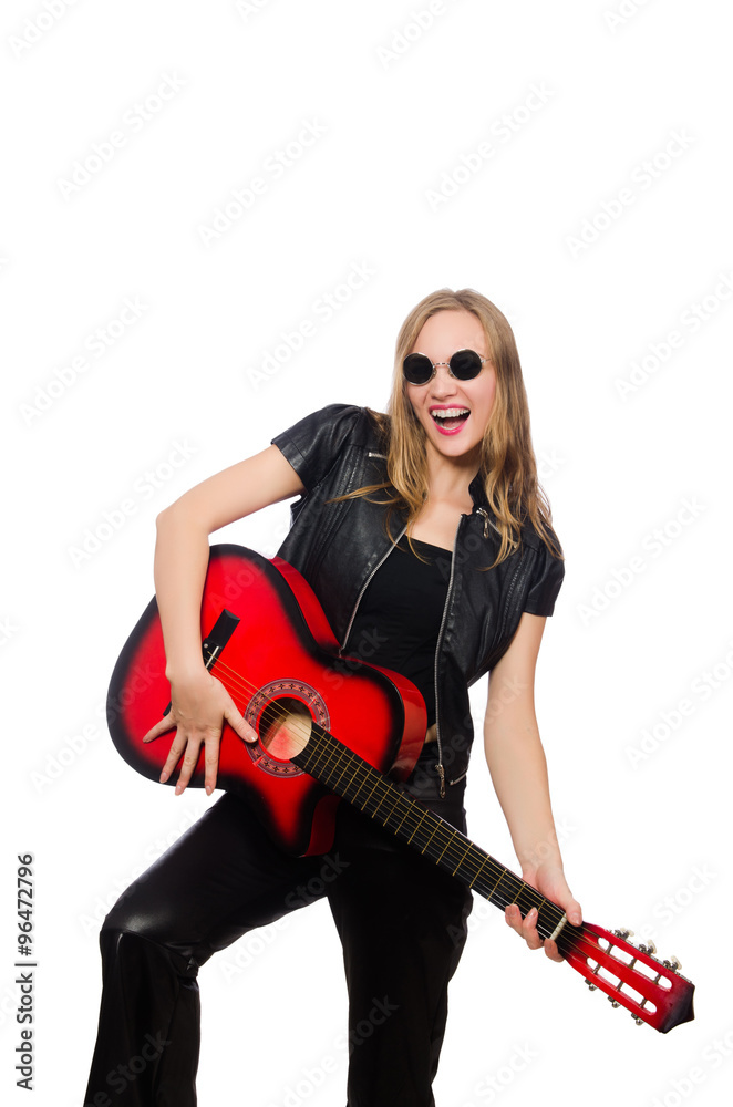 Young woman guitar player isolated on white