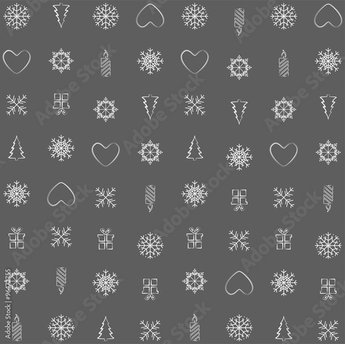winter christmas pattern background with tree, flake, heart, can