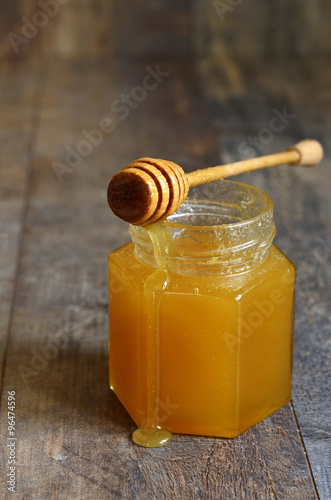 Honey in a glass jar.