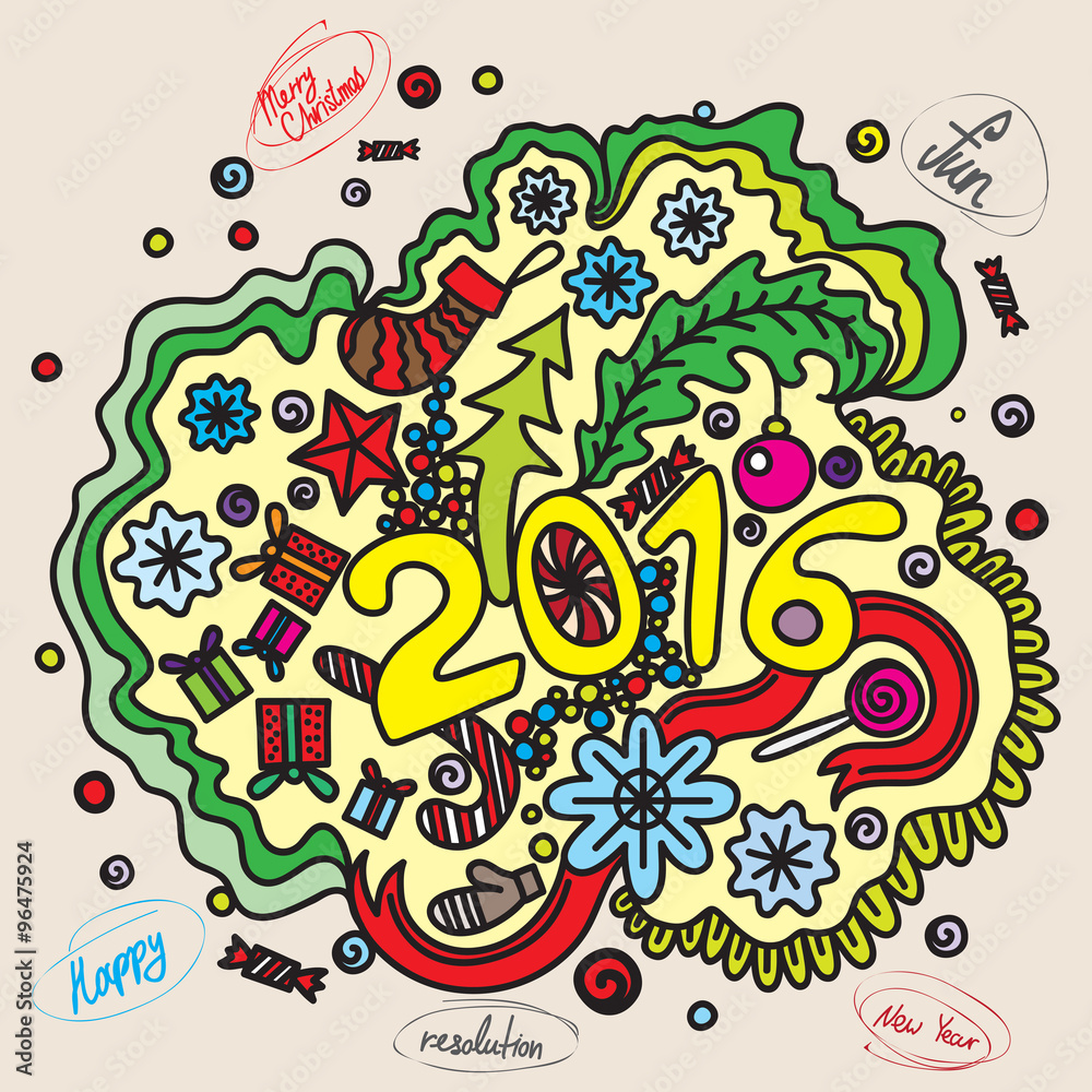 2016 year hand lettering and doodles elements background in color. Hand drawing Merry Christmas and resolution sketch vector illustration.
