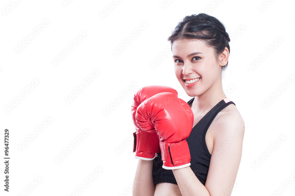 Boxer - portrait of fitness woman boxing wearing boxing gloves on white background.