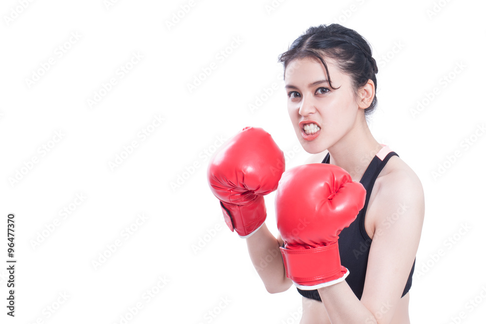 Boxer - portrait of fitness woman boxing wearing boxing gloves on white background. Boxer - portrait of fitness woman boxing wearing boxing gloves on white background.