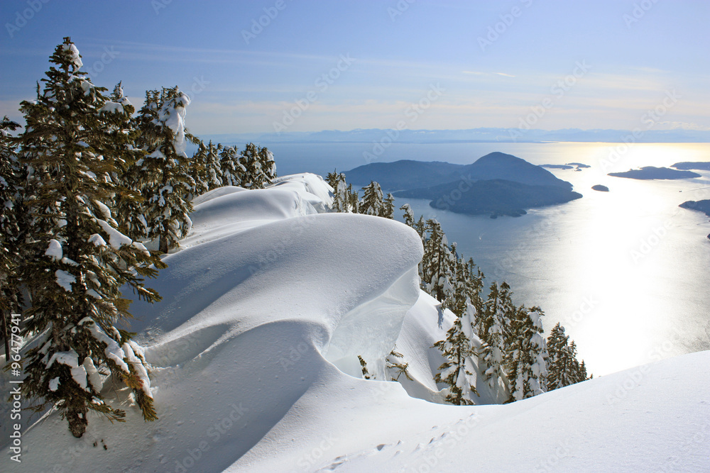 Naklejka premium Gdzie Ocean Spokojny łączy się z górami: zimowy krajobraz w pobliżu Vancouver, Kolumbia Brytyjska, Kanada