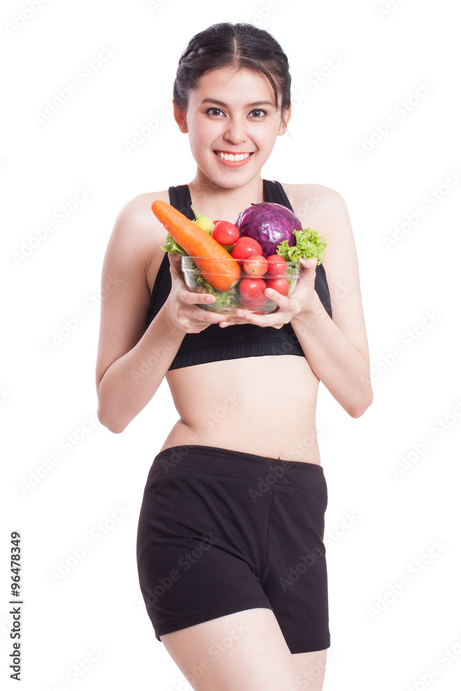 Healthy eating, happy young woman with vegetables on white background Healthy eating, happy young woman with vegetables on white background