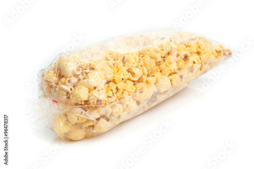 popcorn in plastic packaging Isolated on White Background.